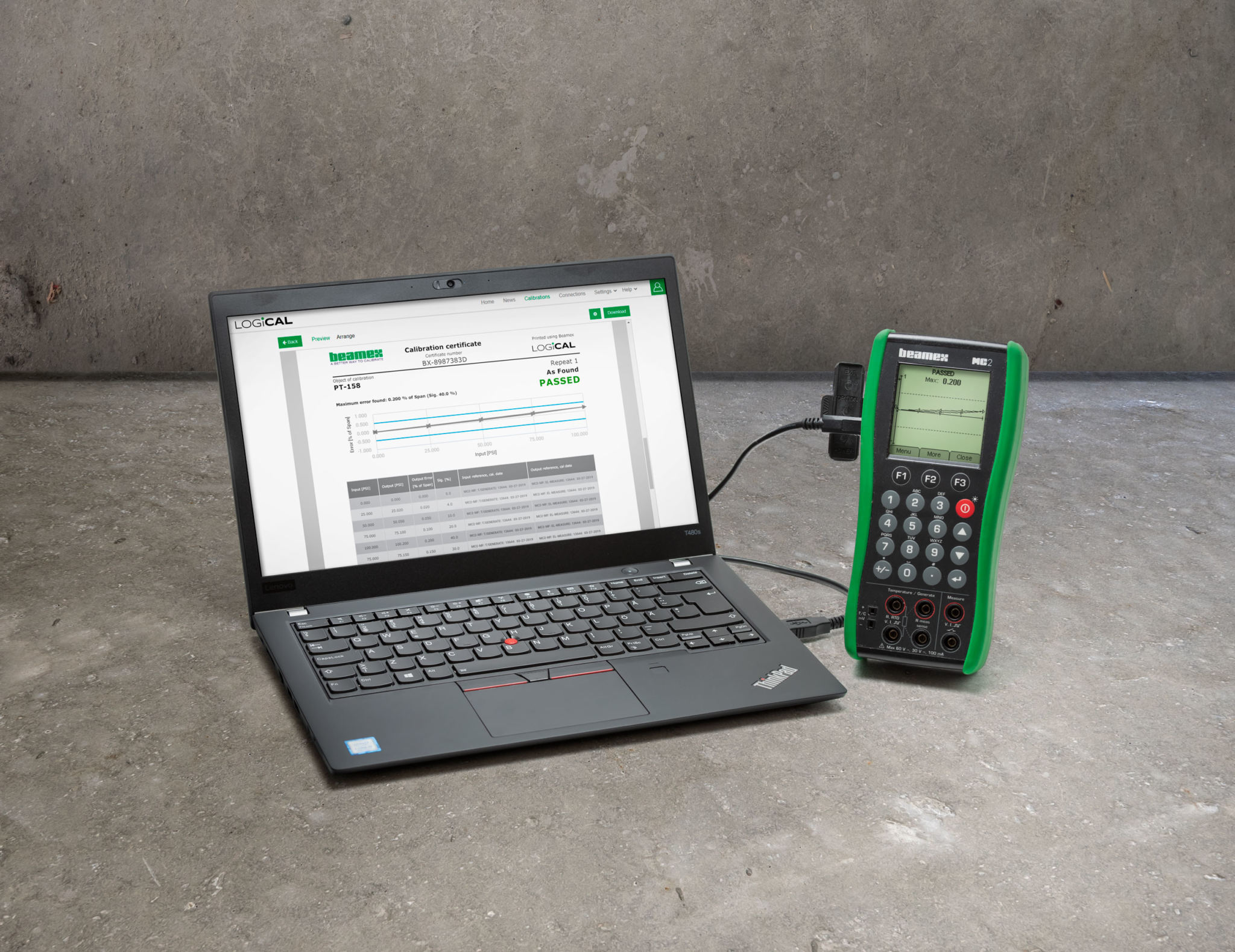 Beamex MC2 calibrator connected with Beamex LOGiCAL calibration software.